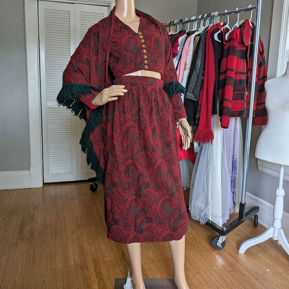 Vintage Skirt Suit Set Handmade Outfit Red Paisley Tapestry Top Fringe Shawl